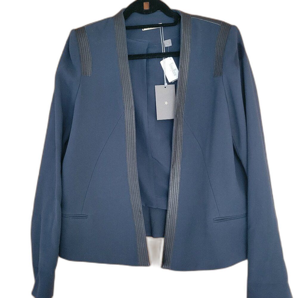NWT FOUNDRAE Navy Blue Open Blazer Jacket Leather Trim Office Siren Cotton Silk